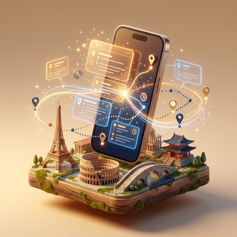 Een smartphone op een miniatuurstad met holografische reisschemakaarten die uit het scherm zweven