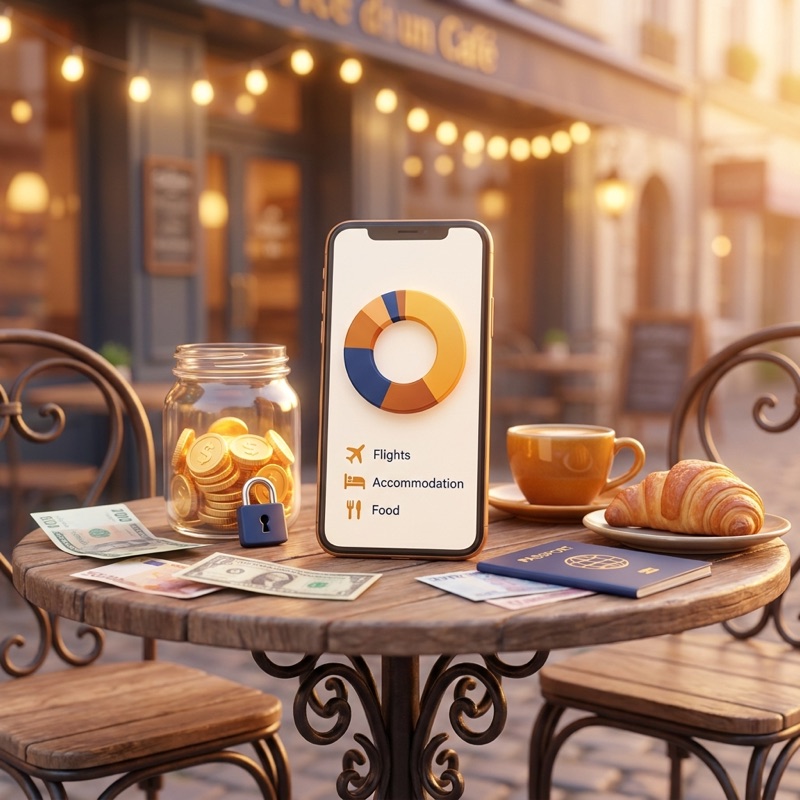 Cafétafel met een telefoon die een uitgavengrafiek toont, naast een pot met munten en een paspoort