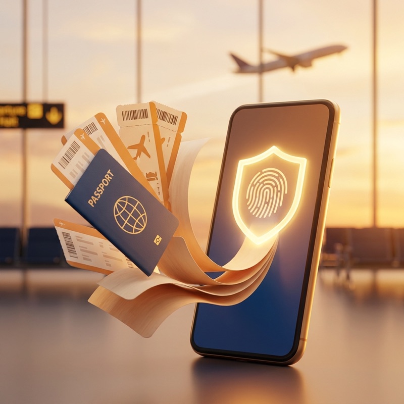 Paspoort en tickets die in een telefoon met een oplichtend vingerafdrukslot glijden op een luchthaven