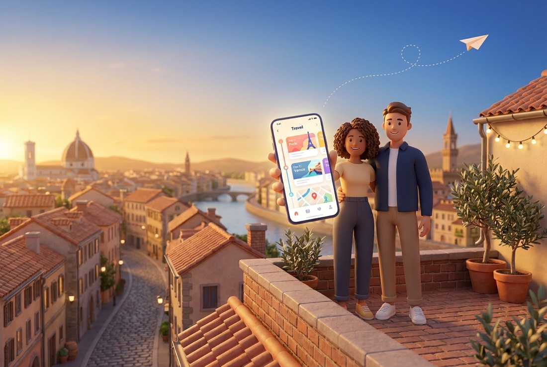 Um casal em um terraço ao pôr do sol planejando uma viagem no celular com o app TripOverall