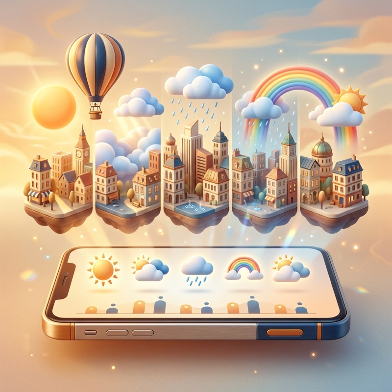 Stadssilhouet met zon, wolken en regen boven een telefoon met een 5-daagse verwachting